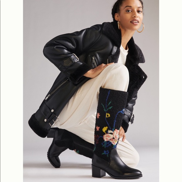 NWT Anthropologie Emily Isabella Black Leather Wool Flower Boots 8 - Picture 1 of 12